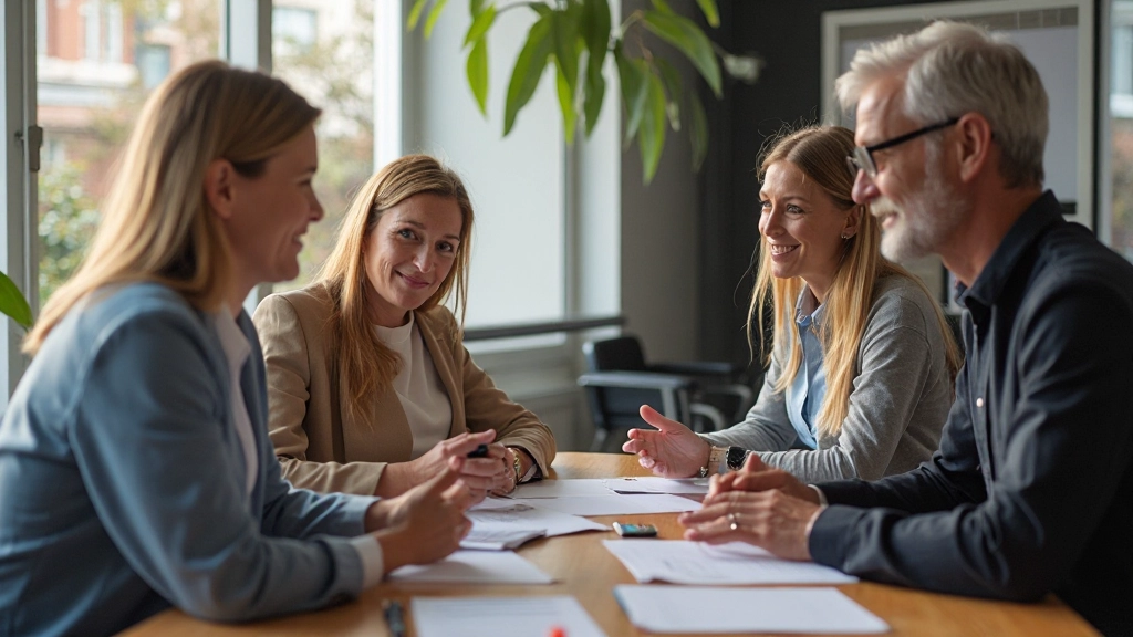 Diverse groep van vier volwassenen die samenwerken aan een project rond een houten tafel in een modern kantooromgeving met natuurlijk licht