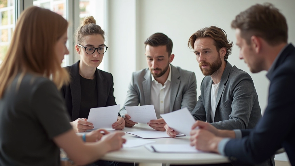Groep van vijf volwassenen zittend in een cirkel in een helderlichtkamer, samen planningsdocumenten besprekend met open lichaamstaal
