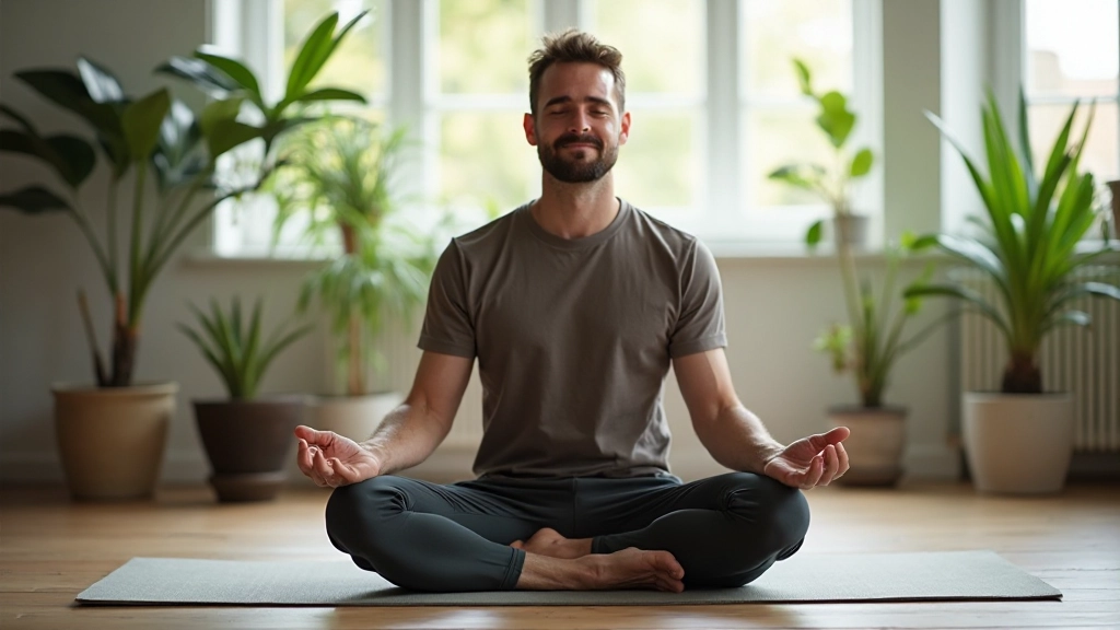Persoon in vredige yogapositie op yoga mat met plantjes in achtergrond