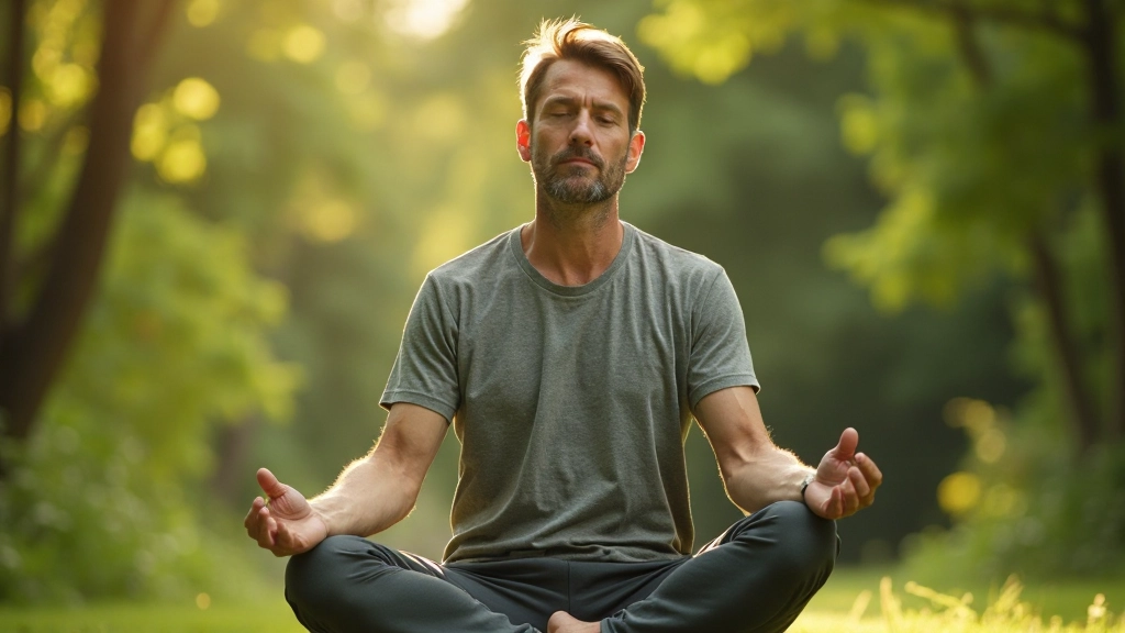 Persoon die meditatiehouding beoefent in vredige natuuromgeving met groen en zacht zonlicht