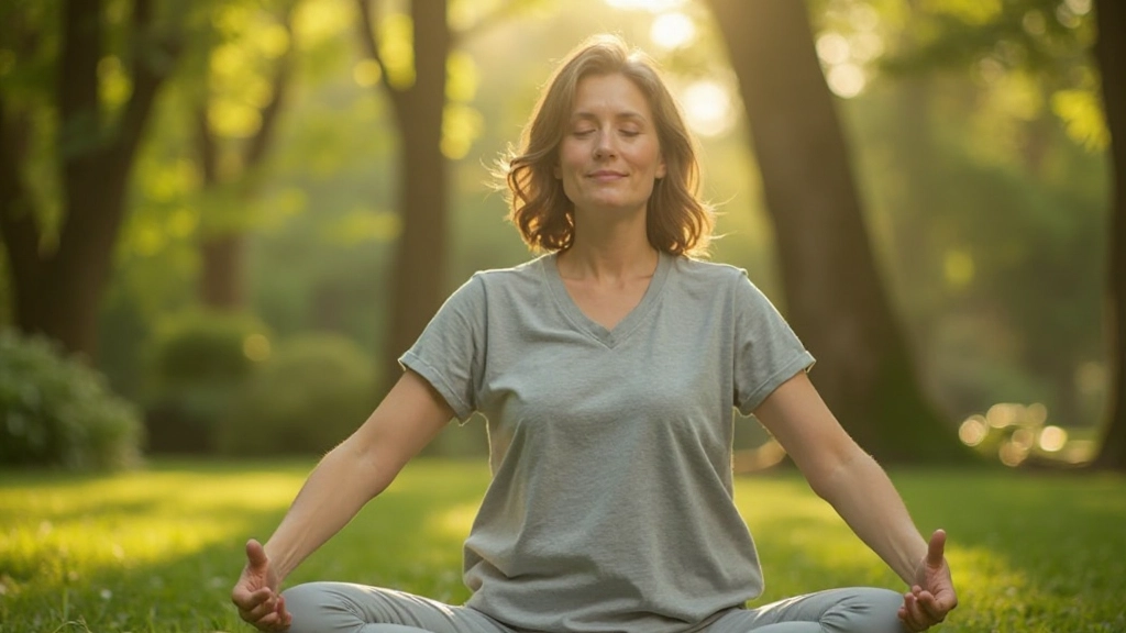 Person practicing meditation pose in peaceful natural setting with greenery and soft sunlight