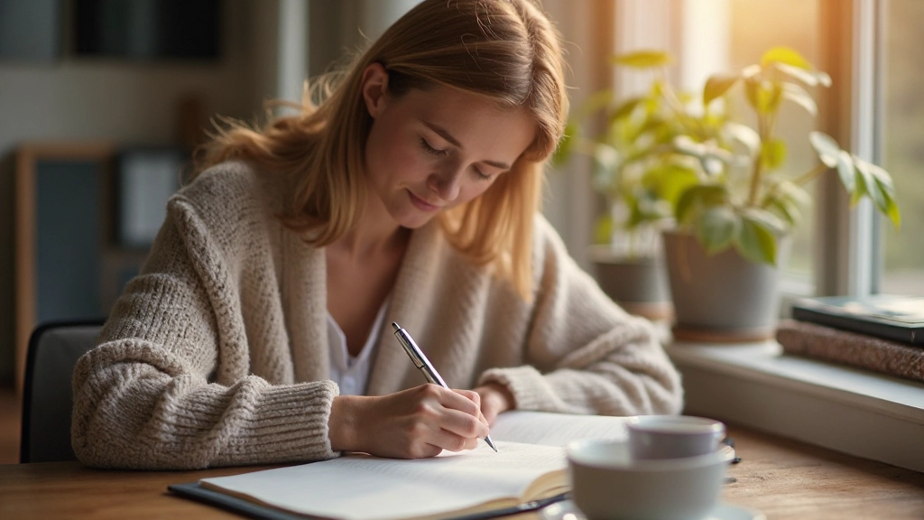 Persoon schrijft in dagboek met pen en kopje thee op bureau