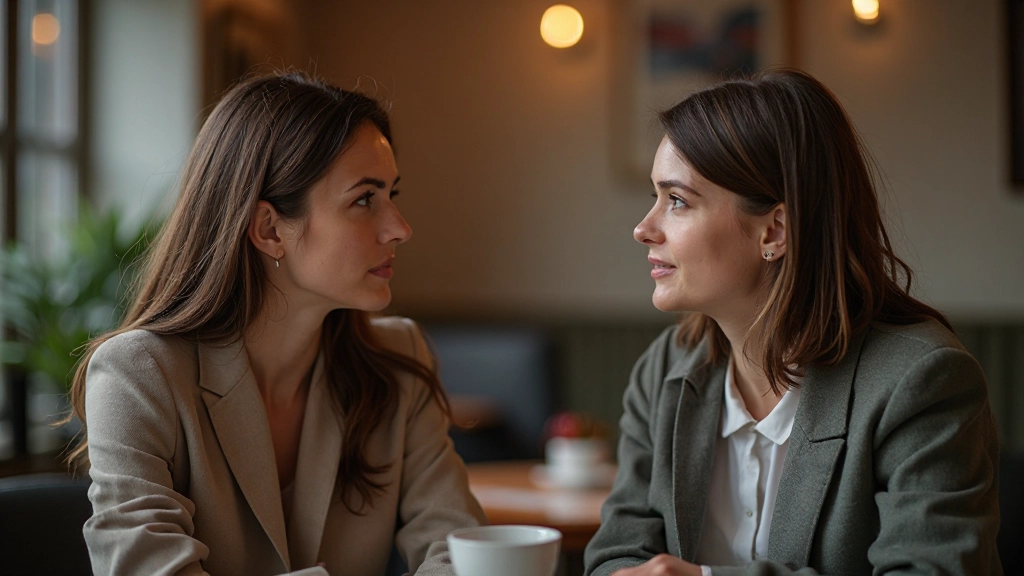 Twee vrouwen in professionele kleding zitten tegenover elkaar en voeren een diep gesprek in een rustige koffiebar met zachte verlichting