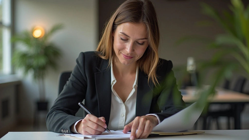 Professionele afbeelding van een vrouw die een doel noteert in haar notitieboek met een strategisch plan op het bureau