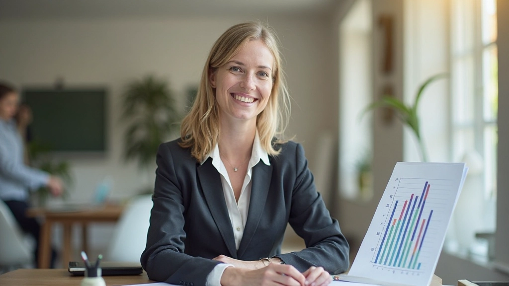 Persoon die succesvolle doelen bereikt heeft, toont voortgang en groei door haar geplande systeem