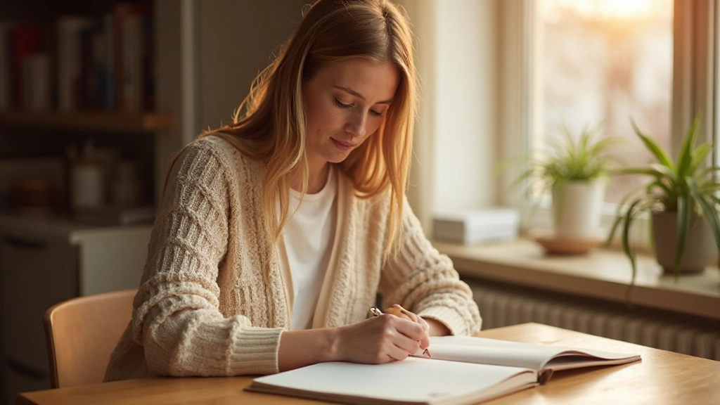 Vrouw schrijft in journaal met koffie op houten bureau in huiselijke omgeving