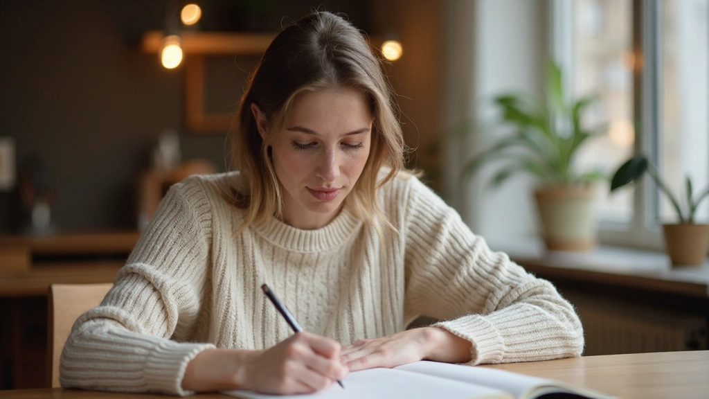 Woman sitting at desk with journal, reflecting on personal development goals in calm home office