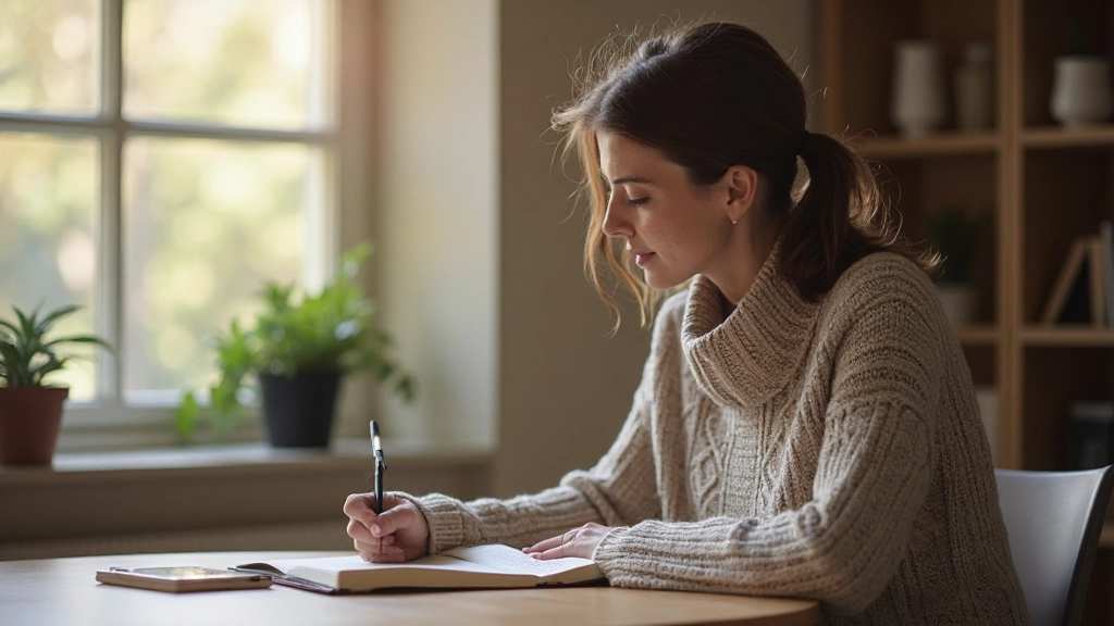 Vrouw doet zelfreflectie in rustige omgeving met dagboek en koffie