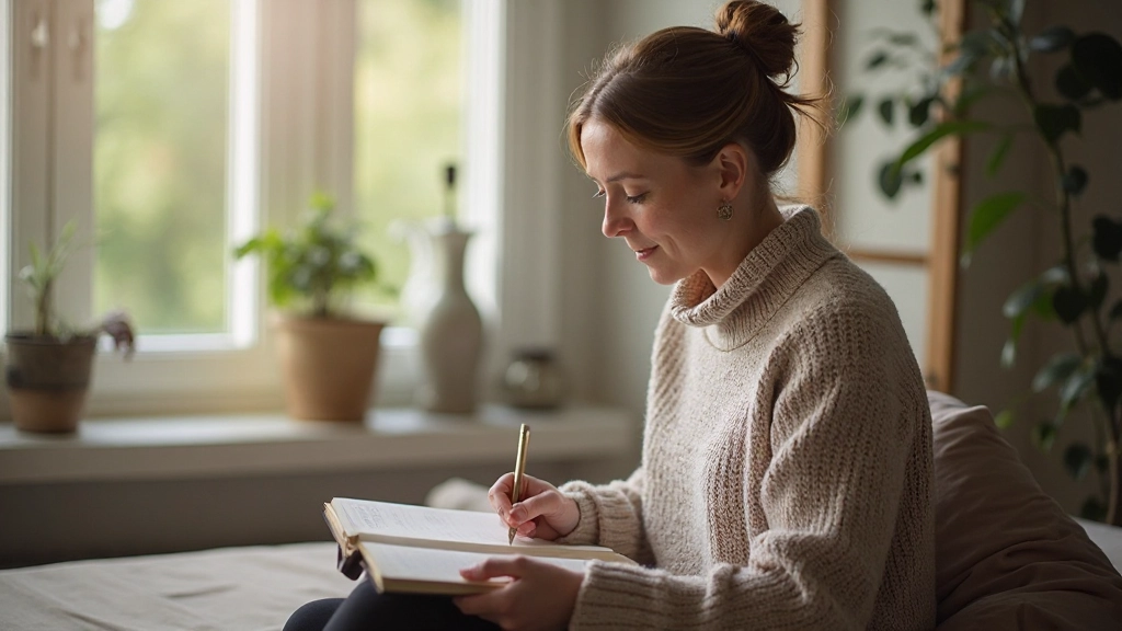 Persoon die mediteert in rustige omgeving met daglicht, journaal en koffie op tafel