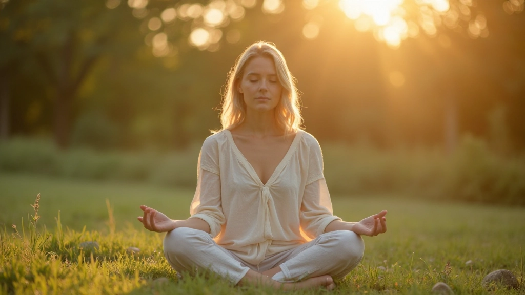 Persoon in vredige meditatieve positie in natuurlijke omgeving met zonsondergang