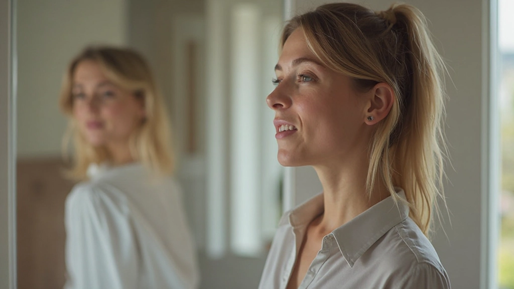 Close-up van reflectie in spiegel met vrouw die nadenkend kijkt