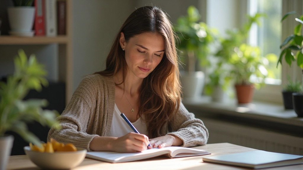 Vrouw zittend aan bureau met dagboek, reflecterend op persoonlijke ontwikkelingsdoelen in rustig thuiskantoor
