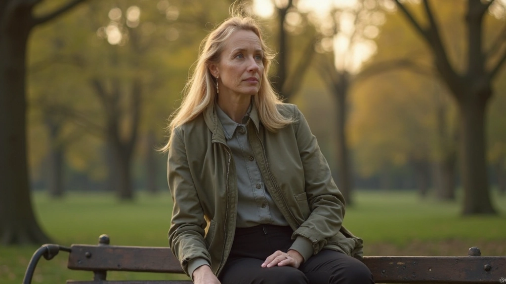 Vrouw zit peinzend op bankje in natuur, kijkend naar horizon
